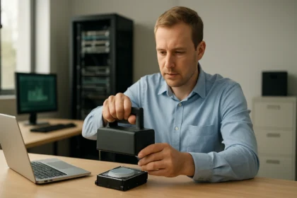 Férfi lemágnesező készüléket használ egy mágneses adattárolón