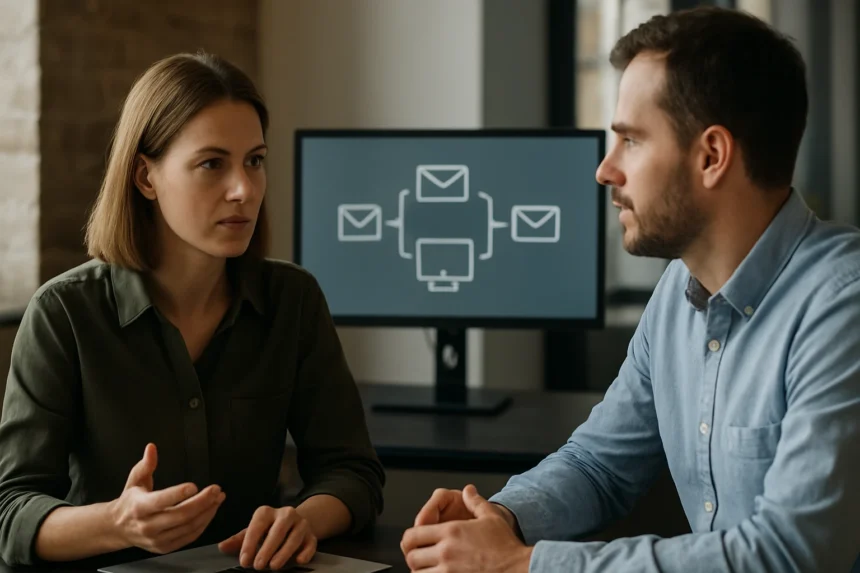 Két ember aszinkron üzenetküldéssel kapcsolatos megbeszélés közben