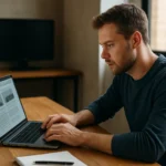 Férfi laptopon dolgozik egy statikus weboldalon.