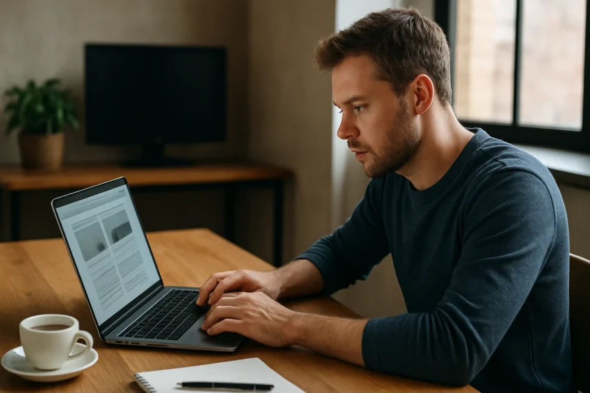 Férfi laptopon dolgozik egy statikus weboldalon.