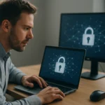 Férfi számítógép előtt, biztonsági zár szimbólumokkal