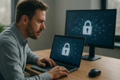 Férfi számítógép előtt, biztonsági zár szimbólumokkal