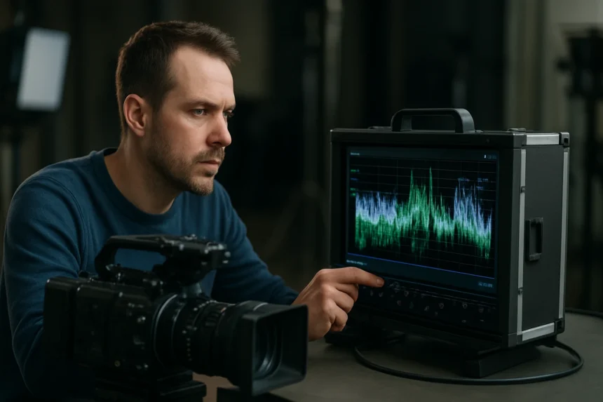 Férfi videótechnikával, SDI jel analízis monitorozása közben.