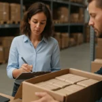 Két ember áruk átvételét és számítását végzi raktárban