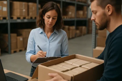 Két ember áruk átvételét és számítását végzi raktárban