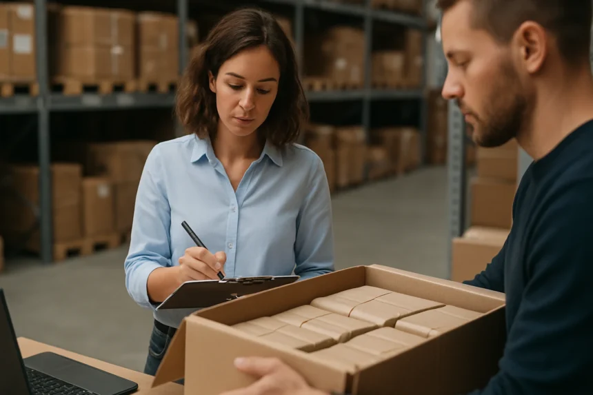 Két ember áruk átvételét és számítását végzi raktárban