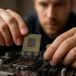 Ember chipsetet szerel egy alaplapra, bemutatva a lapkakészlet működését.