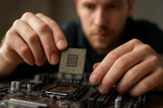 Ember chipsetet szerel egy alaplapra, bemutatva a lapkakészlet működését.