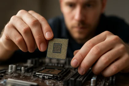 Ember chipsetet szerel egy alaplapra, bemutatva a lapkakészlet működését.