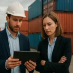 Két szakember konténermenedzsmentről beszél, háttérben konténerek.