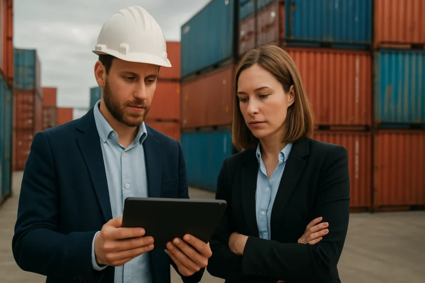 Két szakember konténermenedzsmentről beszél, háttérben konténerek.