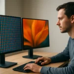 Modern számítógépes munkakörnyezet, ahol két monitoron vizsgálják a ponthegy paramétereit.