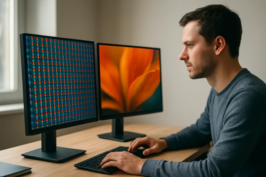 Modern számítógépes munkakörnyezet, ahol két monitoron vizsgálják a ponthegy paramétereit.