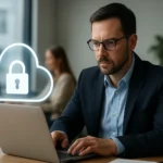 Férfi laptopon dolgozik, felhőbiztonsági zárral védett környezetben.