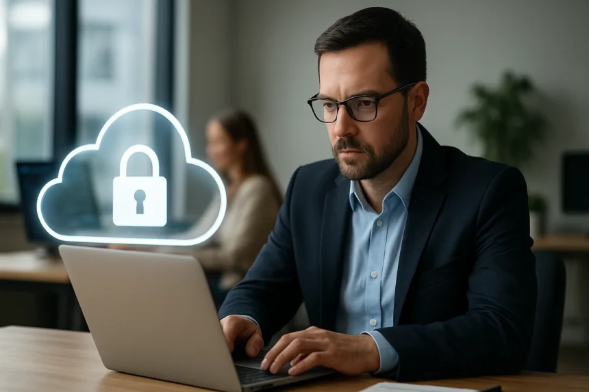 Férfi laptopon dolgozik, felhőbiztonsági zárral védett környezetben.