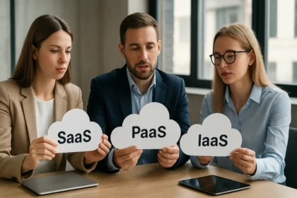 Három ember a SaaS, PaaS és IaaS felhőszolgáltatásokról beszélget
