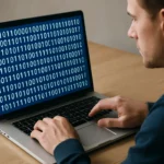 Férfi laptopján bináris kódot ír