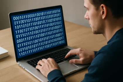 Férfi laptopján bináris kódot ír