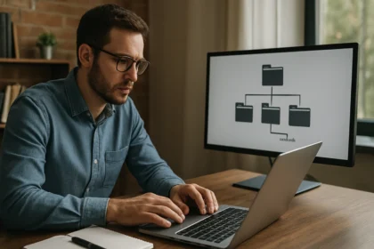 Férfi a számítógép előtt fájlrendszer csatolási pont diagramjával.