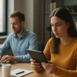 Két ember dolgozik digitális eszközökkel egy modern irodában.