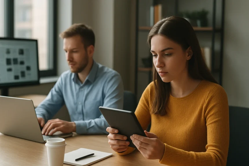 Két ember dolgozik digitális eszközökkel egy modern irodában.