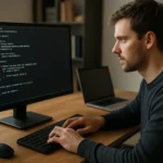 Programozó a C programozási nyelv kódján dolgozik egy számítógépen.