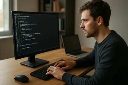 Programozó a C programozási nyelv kódján dolgozik egy számítógépen.