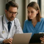 Orvos és egészségügyi szakember együttműködik egészségügyi információk elemzésén.