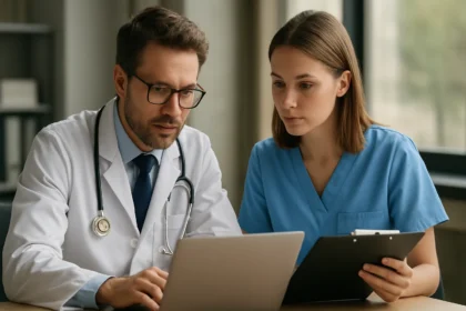 Orvos és egészségügyi szakember együttműködik egészségügyi információk elemzésén.