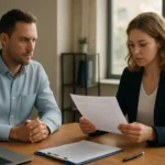 Két ember hitelinformációkat beszél meg egy irodában