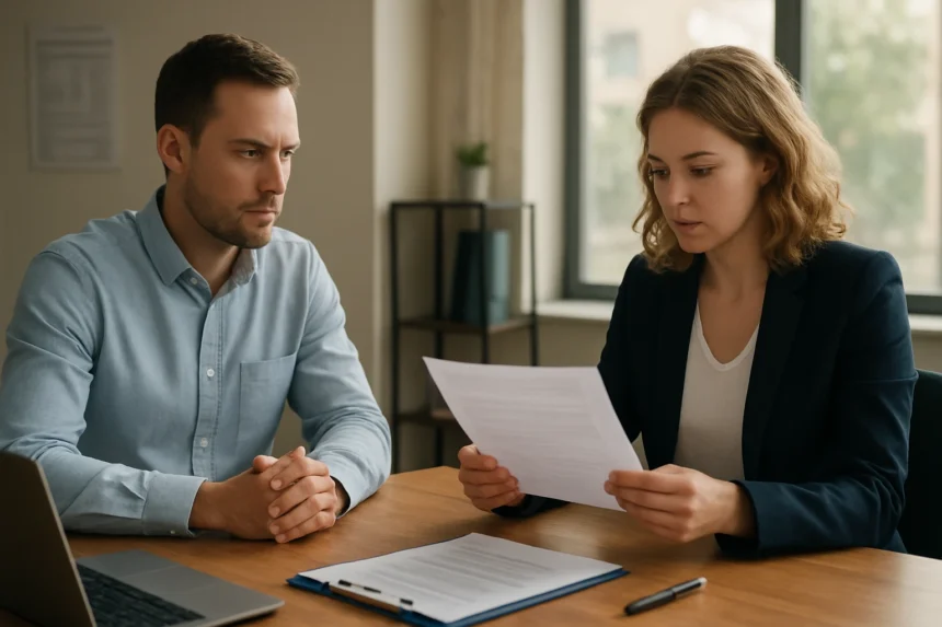 Két ember hitelinformációkat beszél meg egy irodában