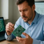 Férfi TCAM áramkört vizsgál, háttérben komputer