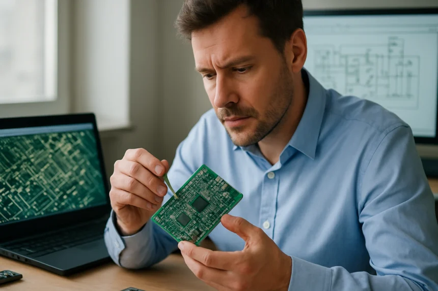 Férfi TCAM áramkört vizsgál, háttérben komputer