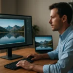 Férfi képernyő előtt dolgozik képek szerkesztésén.