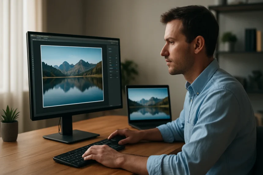 Férfi képernyő előtt dolgozik képek szerkesztésén.