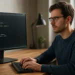 Férfi programozó Perl kódot ír számítógépen egy modern irodahelyiségben.