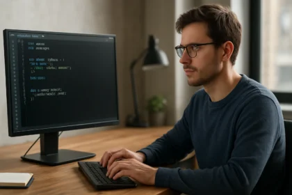 Férfi programozó Perl kódot ír számítógépen egy modern irodahelyiségben.