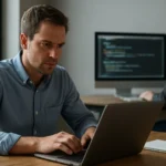 Programozó dolgozik a laptopon, háttérben kód a számítógépen.