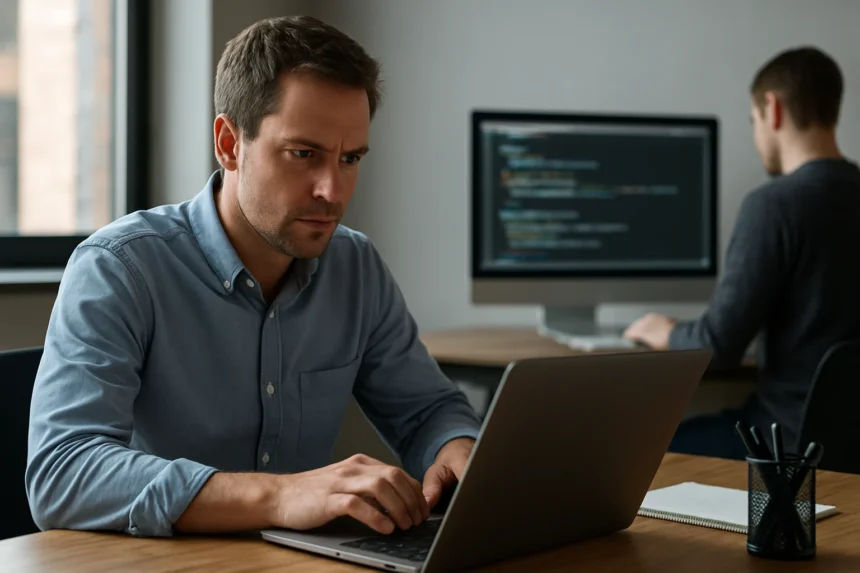 Programozó dolgozik a laptopon, háttérben kód a számítógépen.
