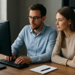 Fiatal szakemberek asztali számítógép előtt, munkafolyamat közben