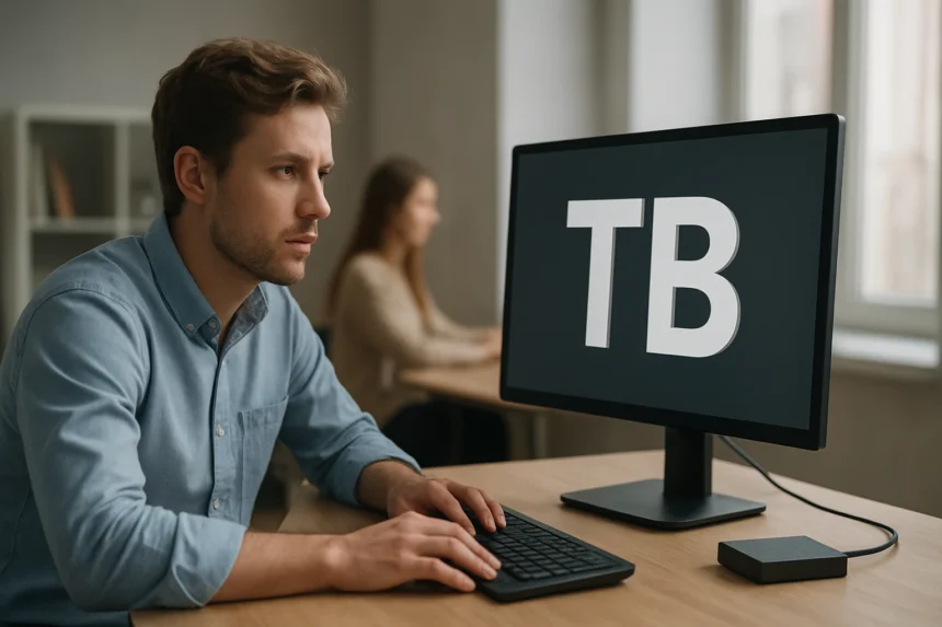 Férfi a számítógépnél, a monitorján a TB felirattal.