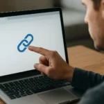 Férfi mutat a laptop képernyőjén lévő link ikonra.