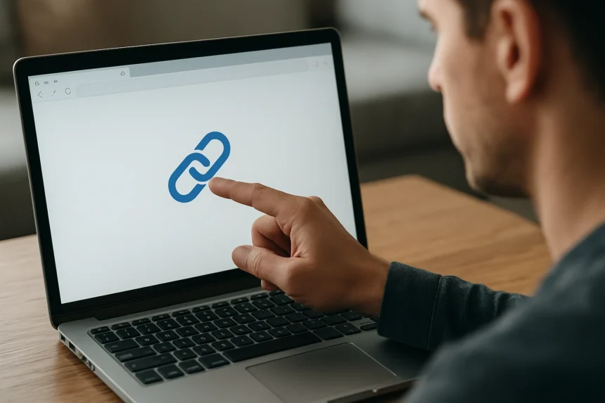 Férfi mutat a laptop képernyőjén lévő link ikonra.