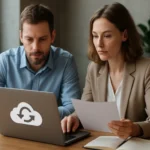 Két szakember biztonsági mentést végez felhő alapú rendszerben.