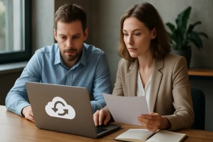 Két szakember biztonsági mentést végez felhő alapú rendszerben.