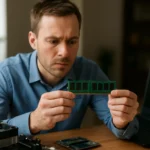 Férfi SDRAM memóriamodult vizsgál a számítógép asztalon.