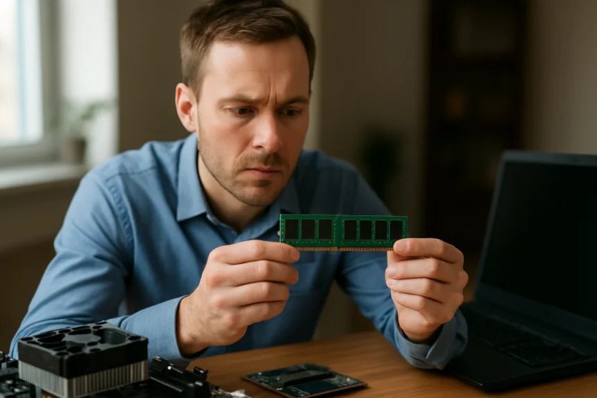 Férfi SDRAM memóriamodult vizsgál a számítógép asztalon.