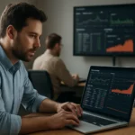 Egy férfi a laptopján Nagios monitorozó szoftvert használ.