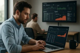 Egy férfi a laptopján Nagios monitorozó szoftvert használ.