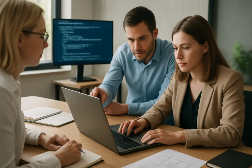 Három szakember együttműködik egy informatikai projekten